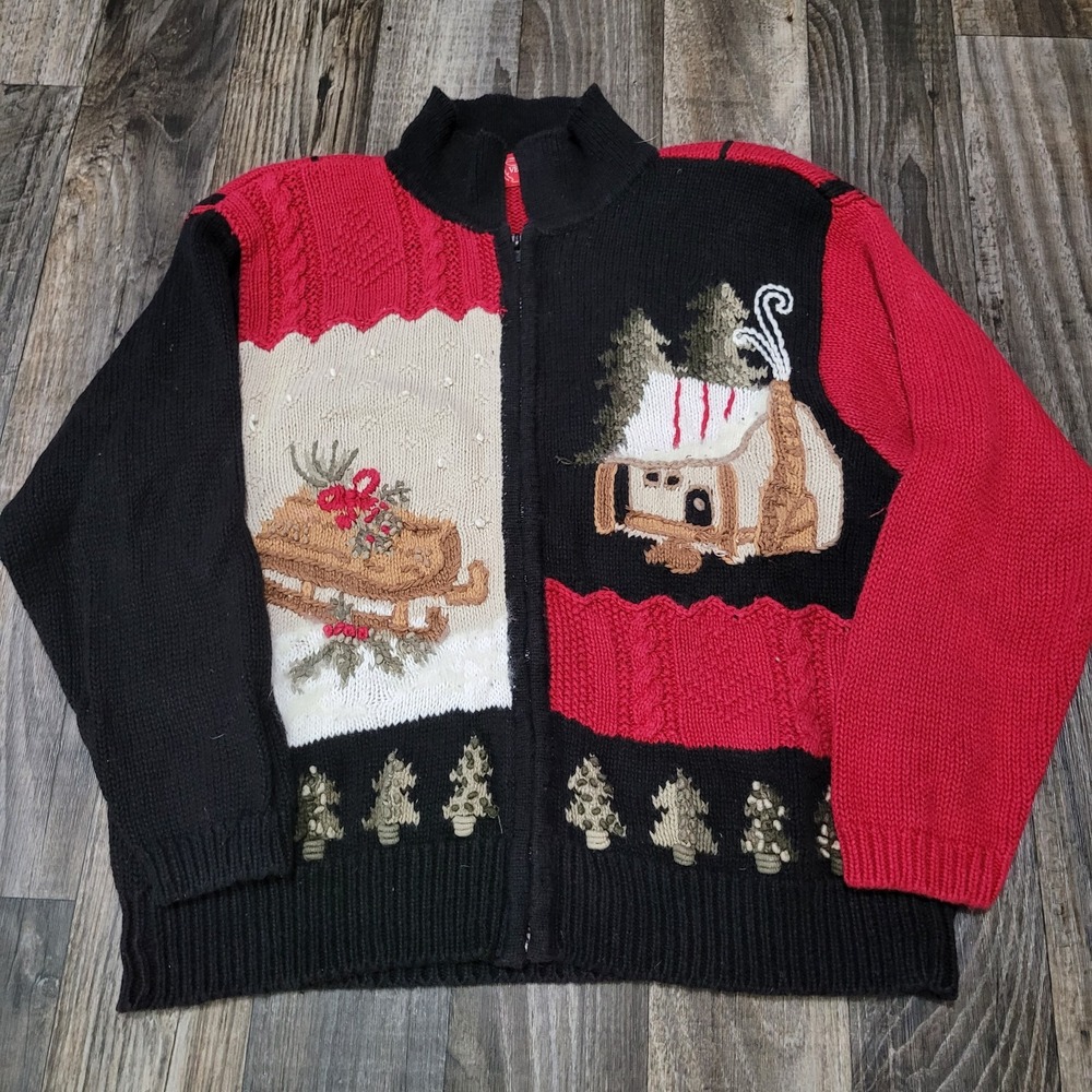 Vtg 90s Venezia Jeans Christmas Patchwork Sweater 14/16 Holiday
